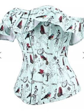 Corset story Off-Shoulder Mint Bird Print Corset Top uk-12